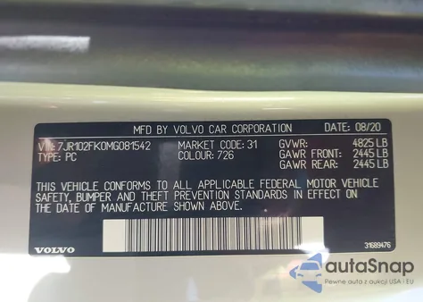 2021 Volvo S60 T5 Momentum from USA, damaged, VIN 7JR102FK0MG081542